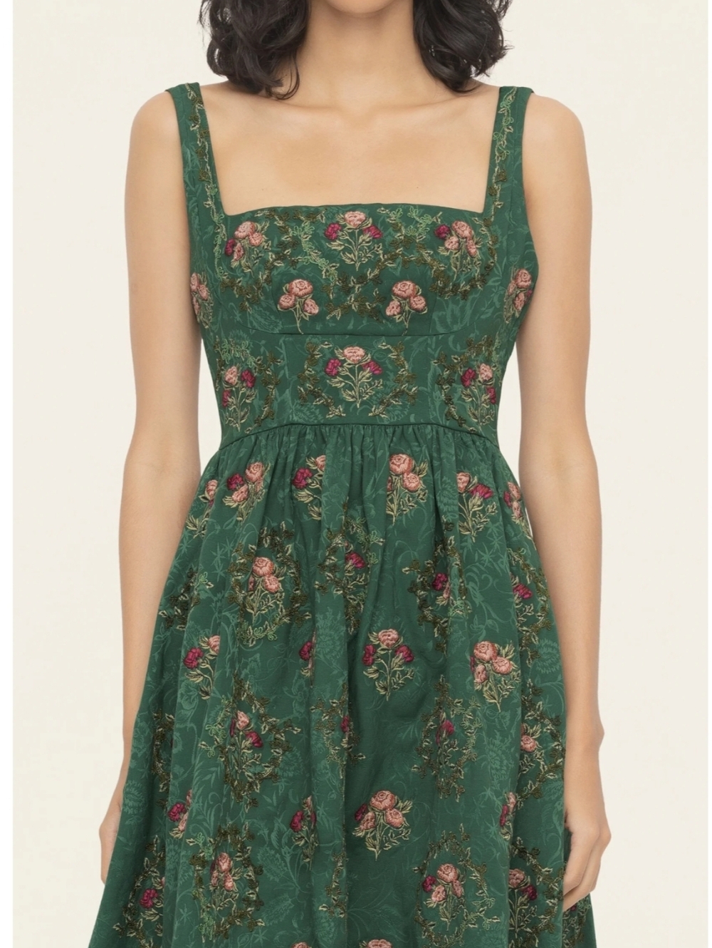 Agua Bendita Miramar Memoria Green Floral Embroidered Midi Dress Square Neck - Picture 5 of 15